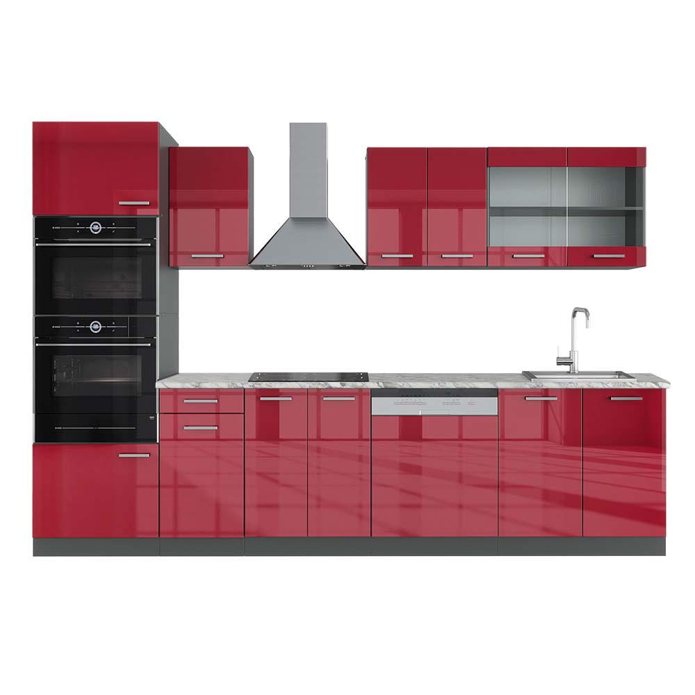 Vicco KUCHYŇSKÝ KOUT R-Line Červená vysoký lesk 300 cm s vysokou skříní, PD Mramor