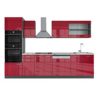 KÜCHENZEILE R-Line Rot Hochglanz/Anthrazit 300 cm mit Hochschrank, AP Marmor - Anthrazit/Rot, Holzwerkstoff (300/81.6/60cm) - Vicco