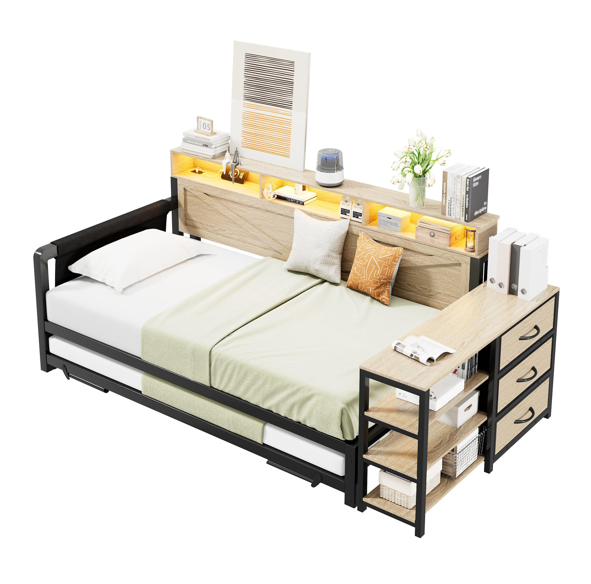 TAGESBETT 90/200 cm mit Ausziehbett, Stauraum, LED und USB, Metall/MDF, Schwarz - Schwarz, Holzwerkstoff (90/200cm) - Redom