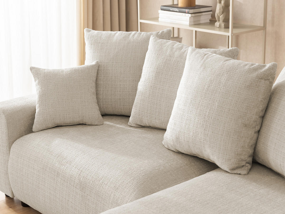 ECKSOFA Calma mit Schlaffunktion und Bettkasten im Bumpy-Design aus weichem Beige Chenille-Stoff - Ottomane rechts - Beige/Schwarz, Holz/Kunststoff (239/140cm) - S-Style Möbel