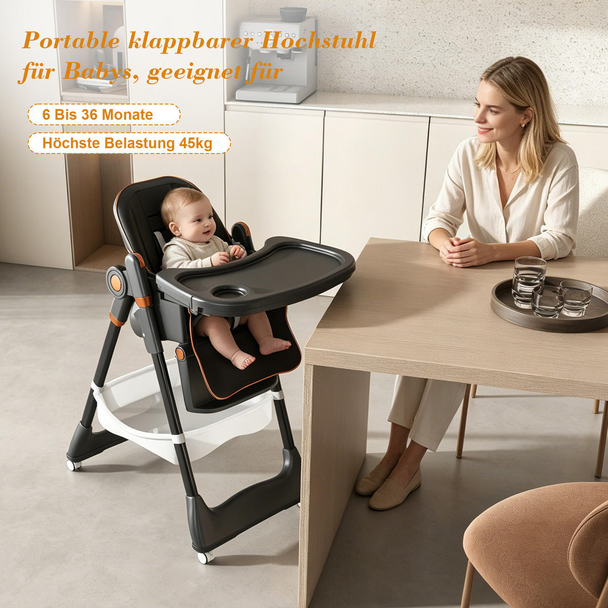 KINDERHOCHSTUHL 53/76/87 cm schwarz aus Polypropylen faltbar und höhenverstellbar - Schwarz, Kunststoff (76/95/53cm) - OKWISH