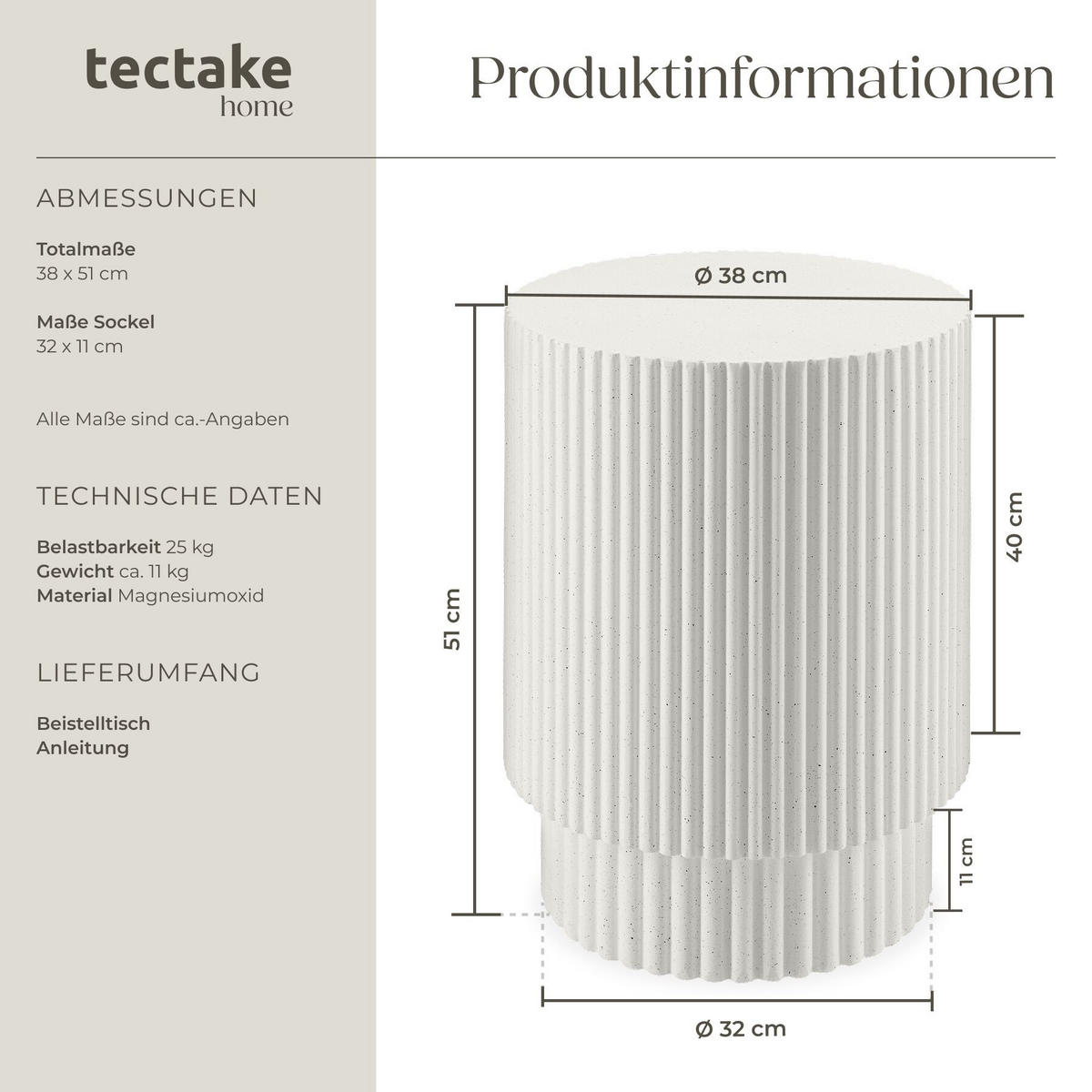 BEISTELLTISCH Amira, Ø 38 x 51 cm, creme - Creme, Keramik (38/38/51cm) - tectake