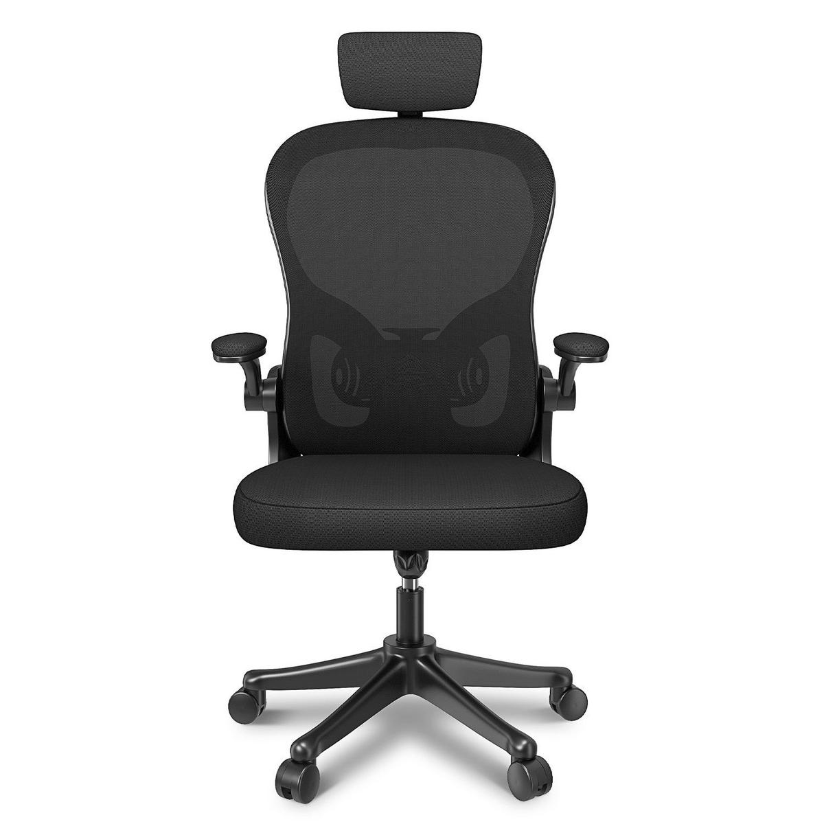 BÜROSTUHL ergonomisch, höhenverstellbar, klappbare Armlehnen, Kopfstütze – Schwarz - Schwarz, Metall (50.5/134/52cm) - Rattantree