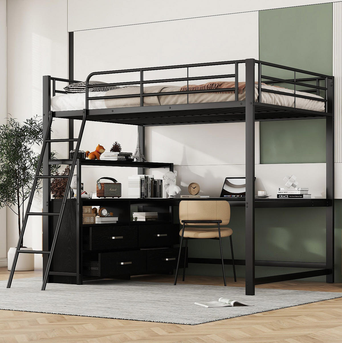 HOCHBETT 140/200 cm mit L-förmigem Schreibtisch, Schubladen und Eisenrahmen aus MDF, Schwarz - Schwarz, Metall (140/200cm) - Redom