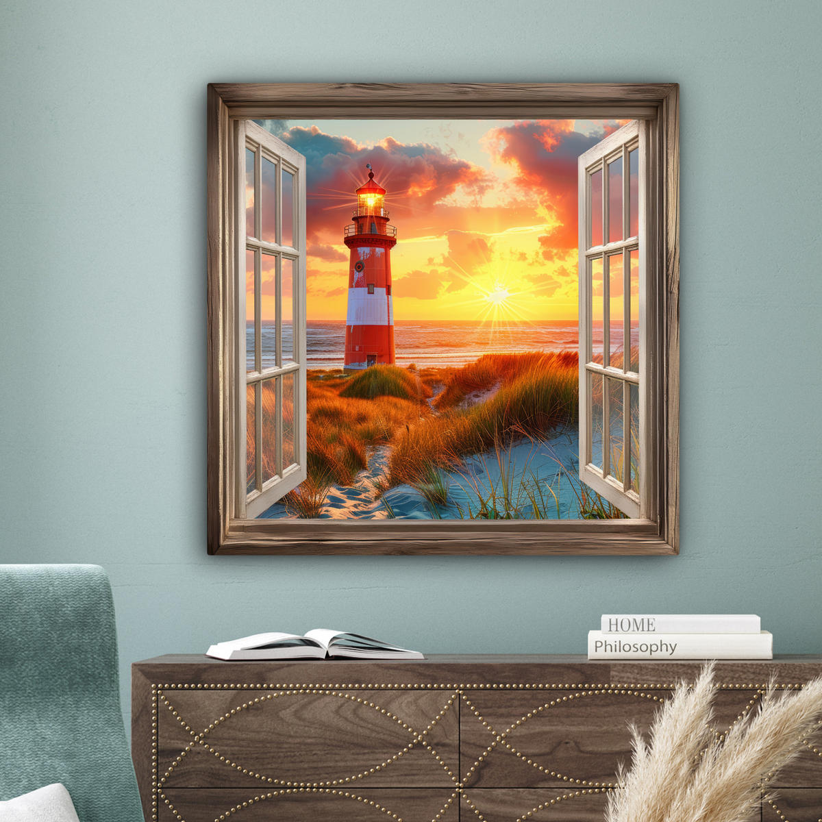 LEINWANDBILD Aussicht - Fenster - Leuchtturm - Sonnenuntergang - Strand Deko Groß 90x90 cm - Dunkelorange, Textil (90/90cm) - MuchoWow