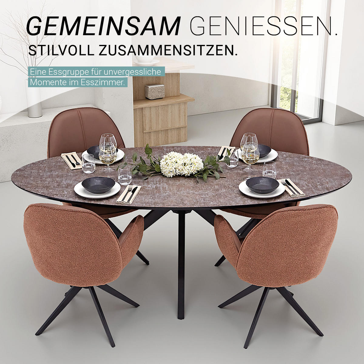 TISCHGRUPPE oval schwarz mit 4 Stühle Braun - Braun, Metall (95/90/200cm) - Homestyle4u