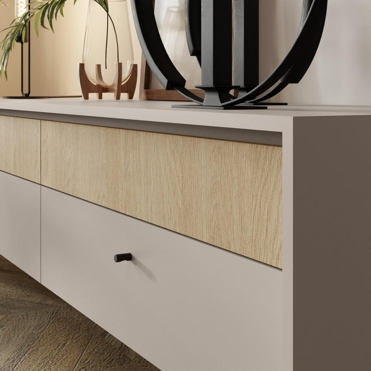 VITRINE Monako mit 2 Schubalden und 3 Türen, Beige Sand - Eichefarben/Beige, Holzwerkstoff/Metall (103/125/42cm) - Beautysofa