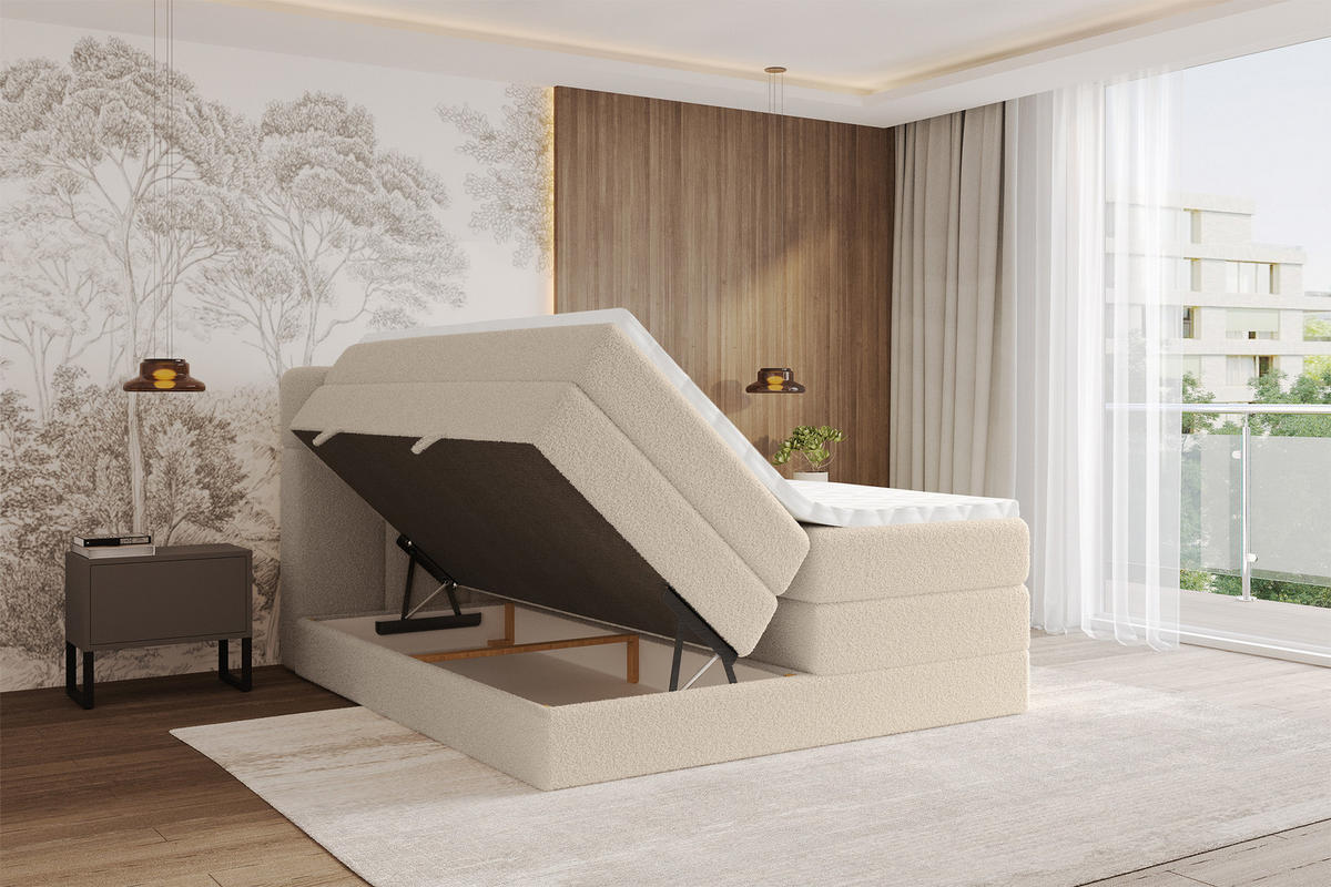 BOXBETT mit Matratze H3/H4 - FAMA KING - 180x200 cm Dunkelbeige Quelle - Creme, Holzwerkstoff (180/200cm) - ALTDECOR