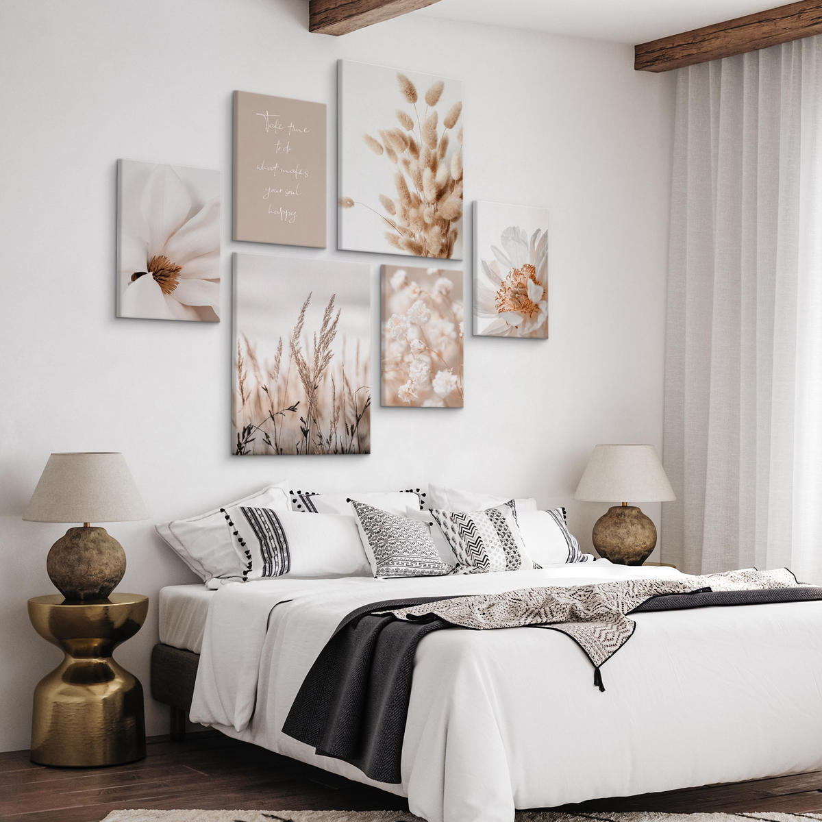 LEINWANDBILDER 6-er Set Pflanzen Zitat - Beige/Schwarz, Holz/Textil (90/80cm) - Muralo