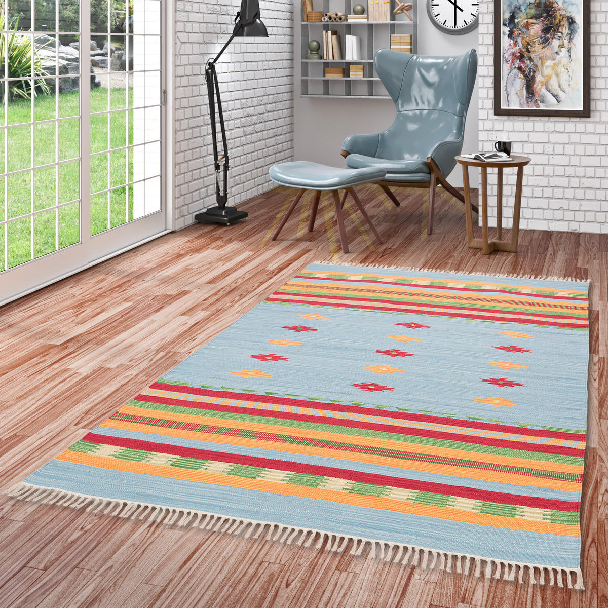 BAUMWOLLE NATUR KELIM TEPPICH LINA STRIPES - Blau, Textil (120/180cm) - Pergamon