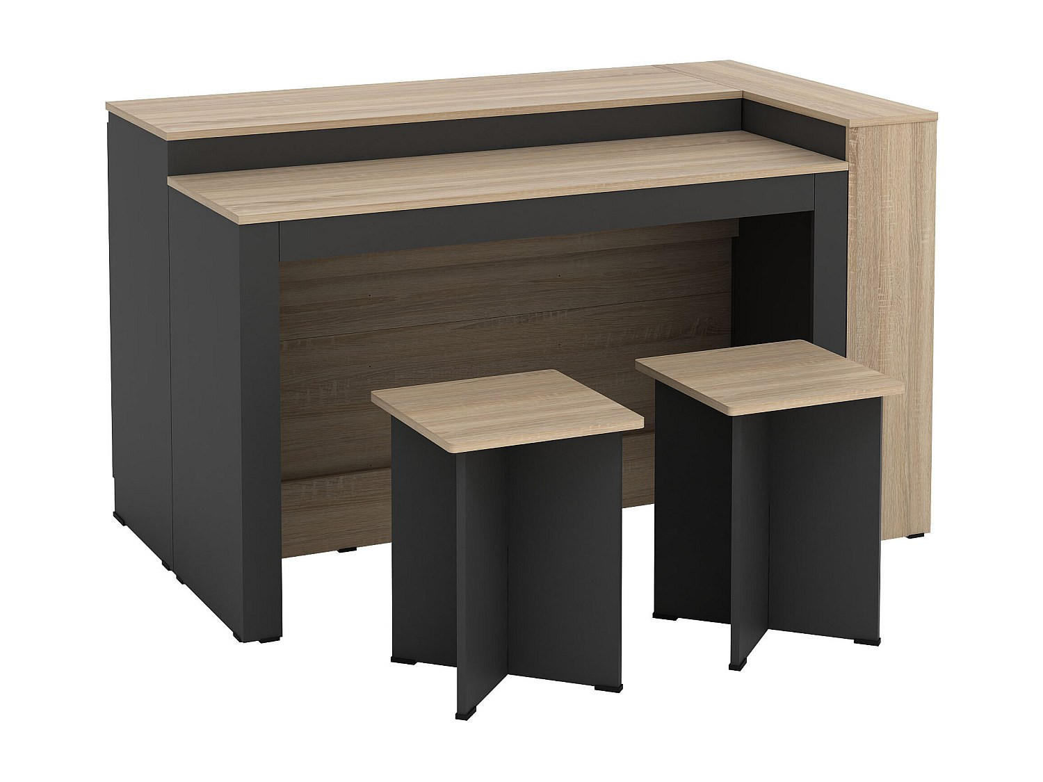 SET zentrale Kücheninsel + 2 Hocker - Schwarz & Holzfarben hell - NUSICE - Schwarz, Holz (138.7/82/79.2cm) - Vente-Unique