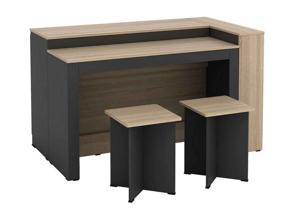 SET zentrale Kücheninsel + 2 Hocker - Schwarz & Holzfarben hell - NUSICE - Schwarz, Holz (138.7/82/79.2cm) - Vente-Unique