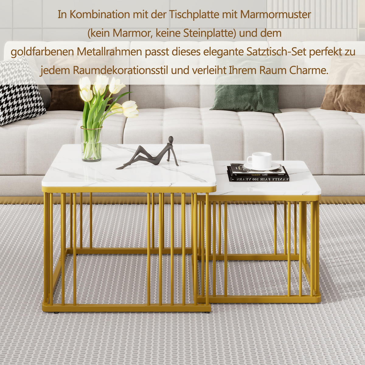 COUCHTISCH-SET 2-teilig 60/60/45 cm Weiß Hochglanz-Marmoroptik mit goldfarbenen Beinen - Weiß, Holzwerkstoff (60/60/45cm) - OKWISH