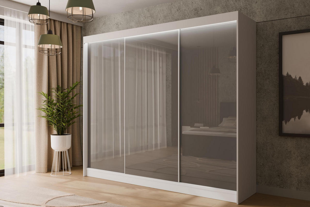 KLEIDERSCHRANK PEKA mit LED - 250 cm - Weiß|Grau - Weiß/Grau, Holzwerkstoff (250/215/61cm) - ALTDECOR