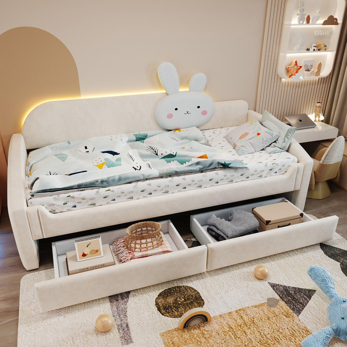 POLSTERBETT Kinderbett 90/200 cm Beige mit LED und Stauraum - Beige, Textil (90/200cm) - MIVRAY