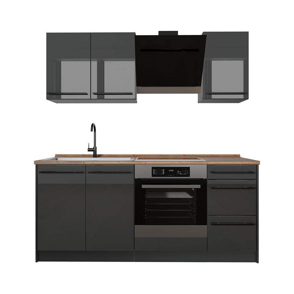 SINGLEKÜCHE R-Line, Anthrazit Hochglanz/Anthrazit, 180 cm Arbeitsplatte Goldkraft Eiche - Schwarz Hochglanz/Anthrazit, Holzwerkstoff (180/206.8/60cm) - Vicco