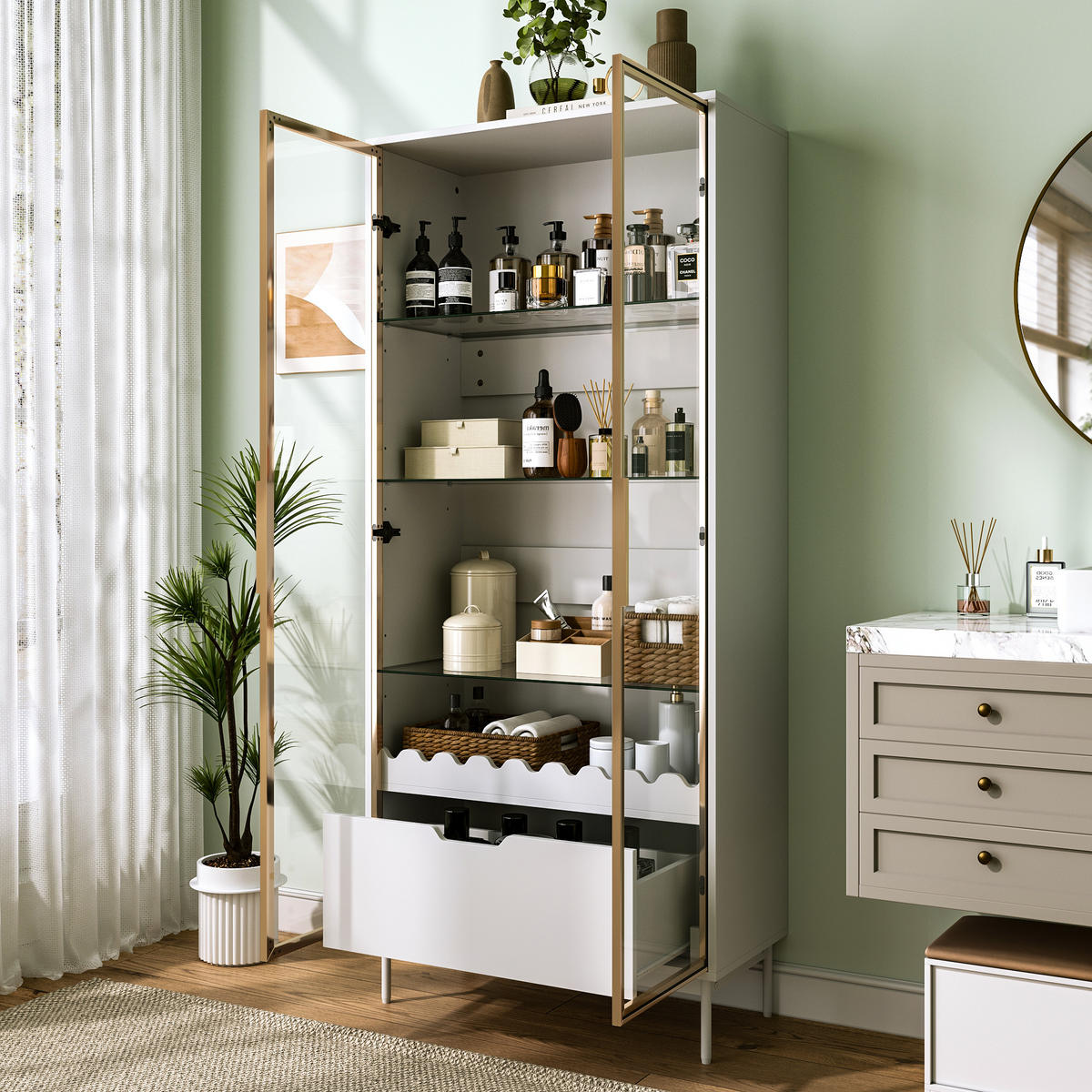VITRINE in Weiß mit Glastür und Schublade für Wohnzimmer, B75/T35/H170,8 cm - Transparent/Weiß, Glas/Holzwerkstoff (75/170.8/35cm) - STILVORA