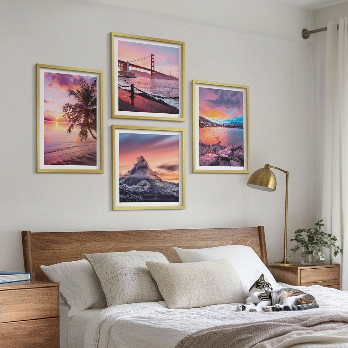 BILDER SET 4er Set - 50x50 cm & 40x60 cm Goldrahmen - Sonnenuntergangsbrücke Landschaft - Goldfarben, Kunststoff (50/50cm) - TULUP