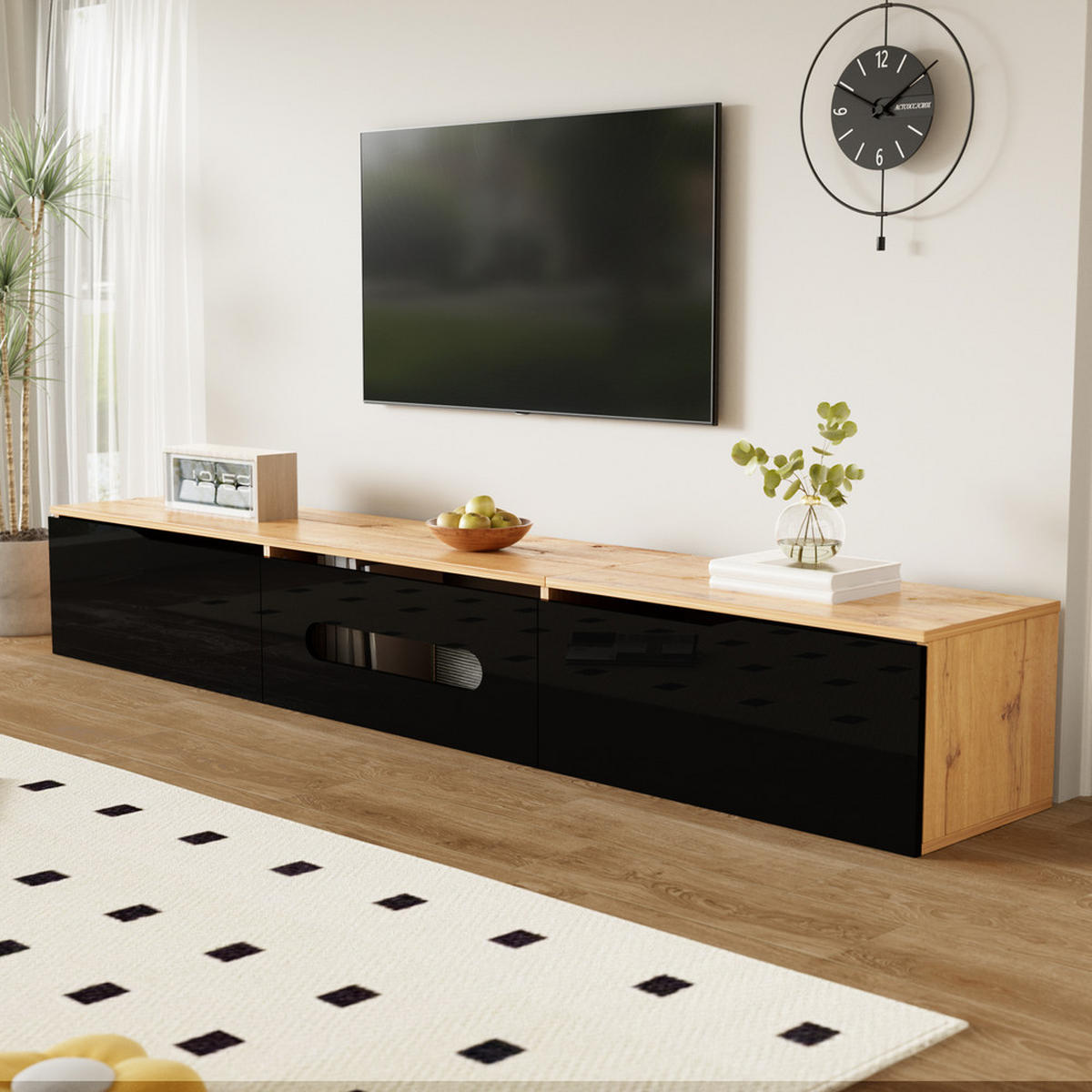 TV-SCHRANK 180cm Hochglanz 16-Farben-LED wandmontierbar Schwarz Natur - Schwarz, Holz (46/16.5/133cm) - FLIEKS