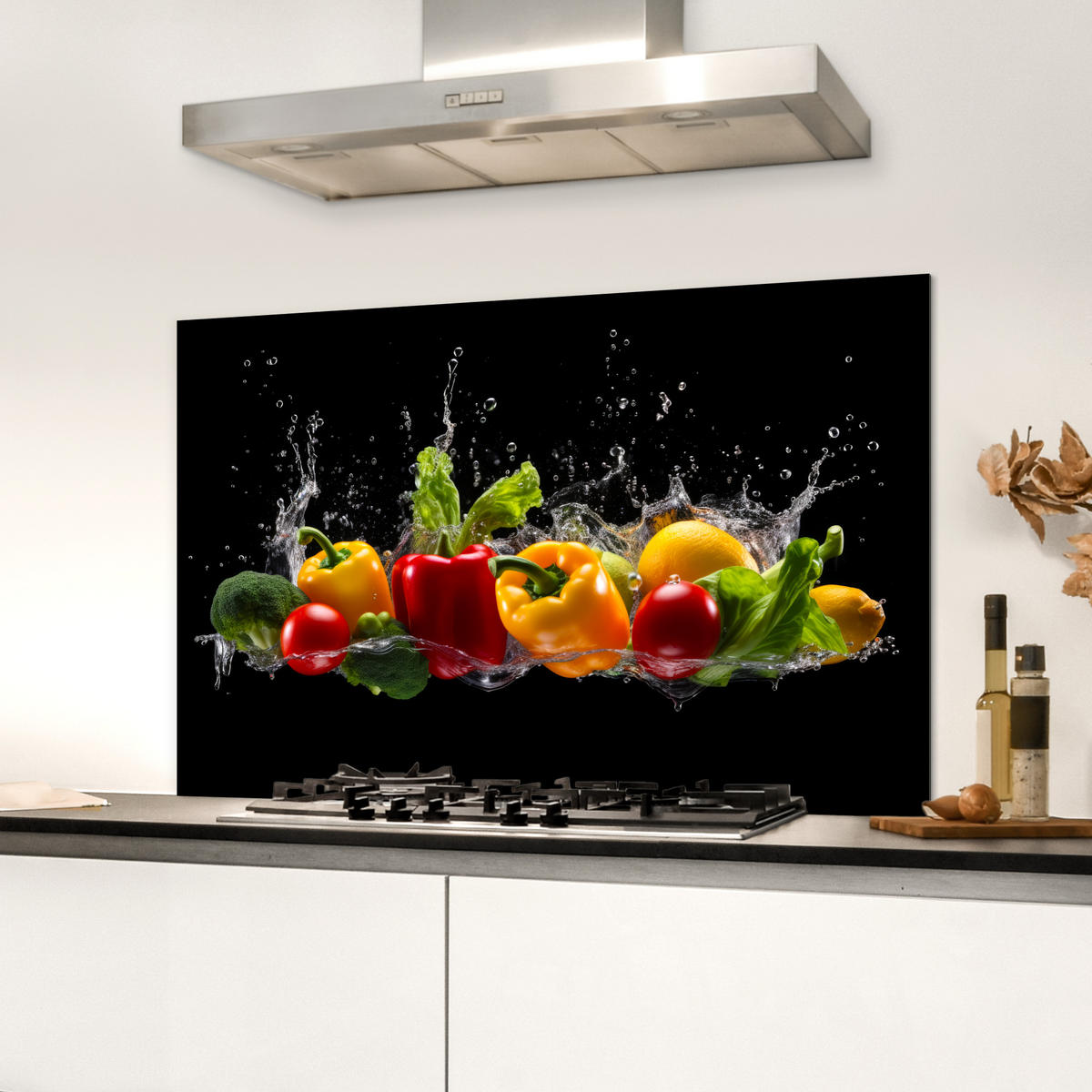 SPRITZSCHUTZ KÜCHE Paprika - Wasser - Gemüse - Schwarz 90x60 cm - Multicolor, Metall (90/0.3/60cm) - MuchoWow