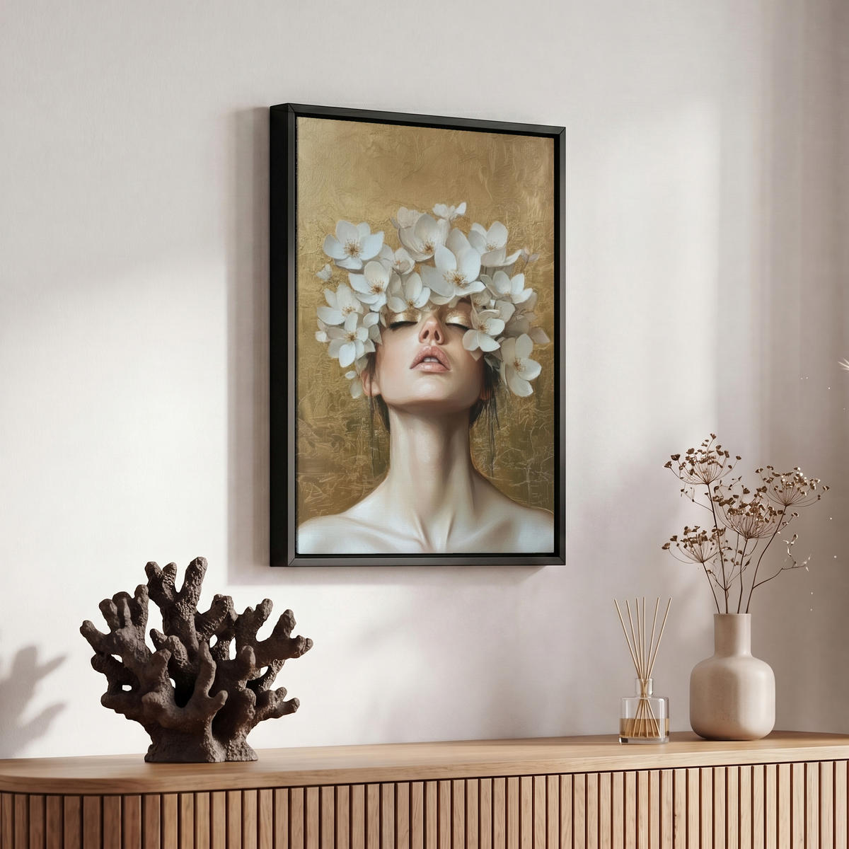 LEINWAND Bilder mit Rahmen - Gesicht - Blumen - Gold - Abstrakt - 20x30 - Goldfarben, Textil (20/30cm) - MuchoWow
