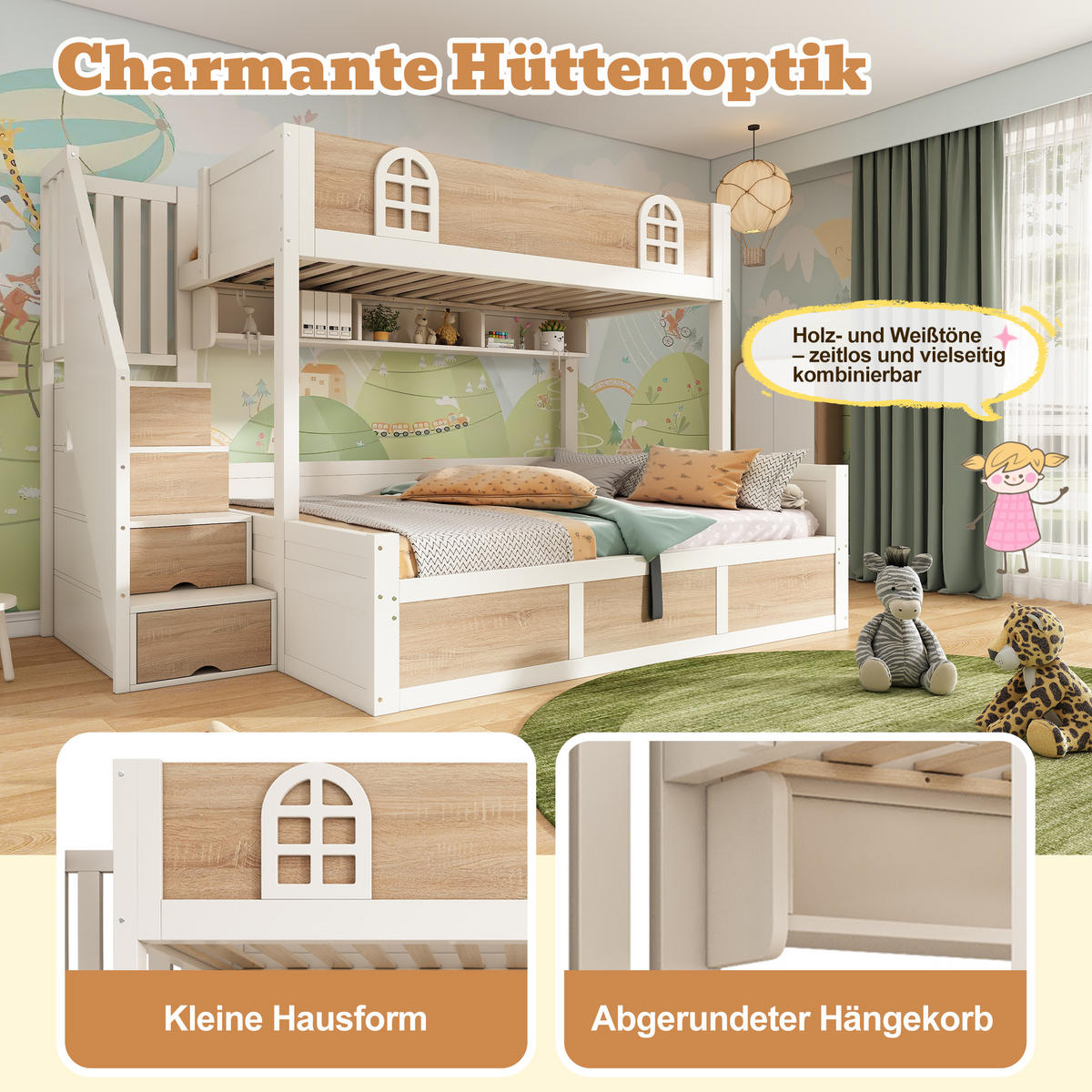 ETAGENBETT 90/200 cm & 140/200 cm in Weiß & Natur mit Stauraum, Regal und 4 Stufen - Weiß/Naturfarben, Holz/Holzwerkstoff (140/200cm) - WISHDOR
