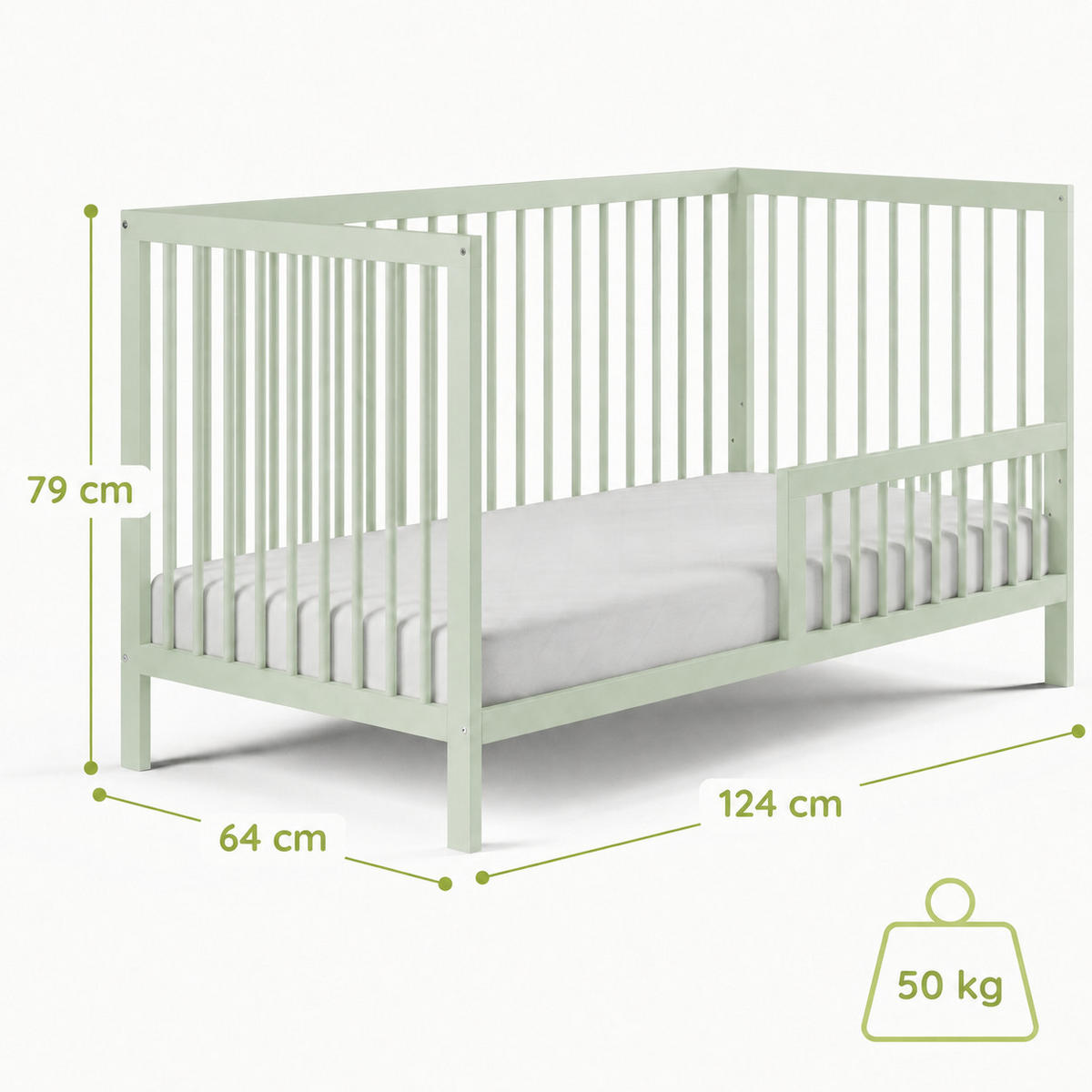 BABYPOSTÝLKA s poloviční boční zábranou 60x120 cm v zelené barvě - zelená barva, dřevo (60/120cm) - Kids Collective