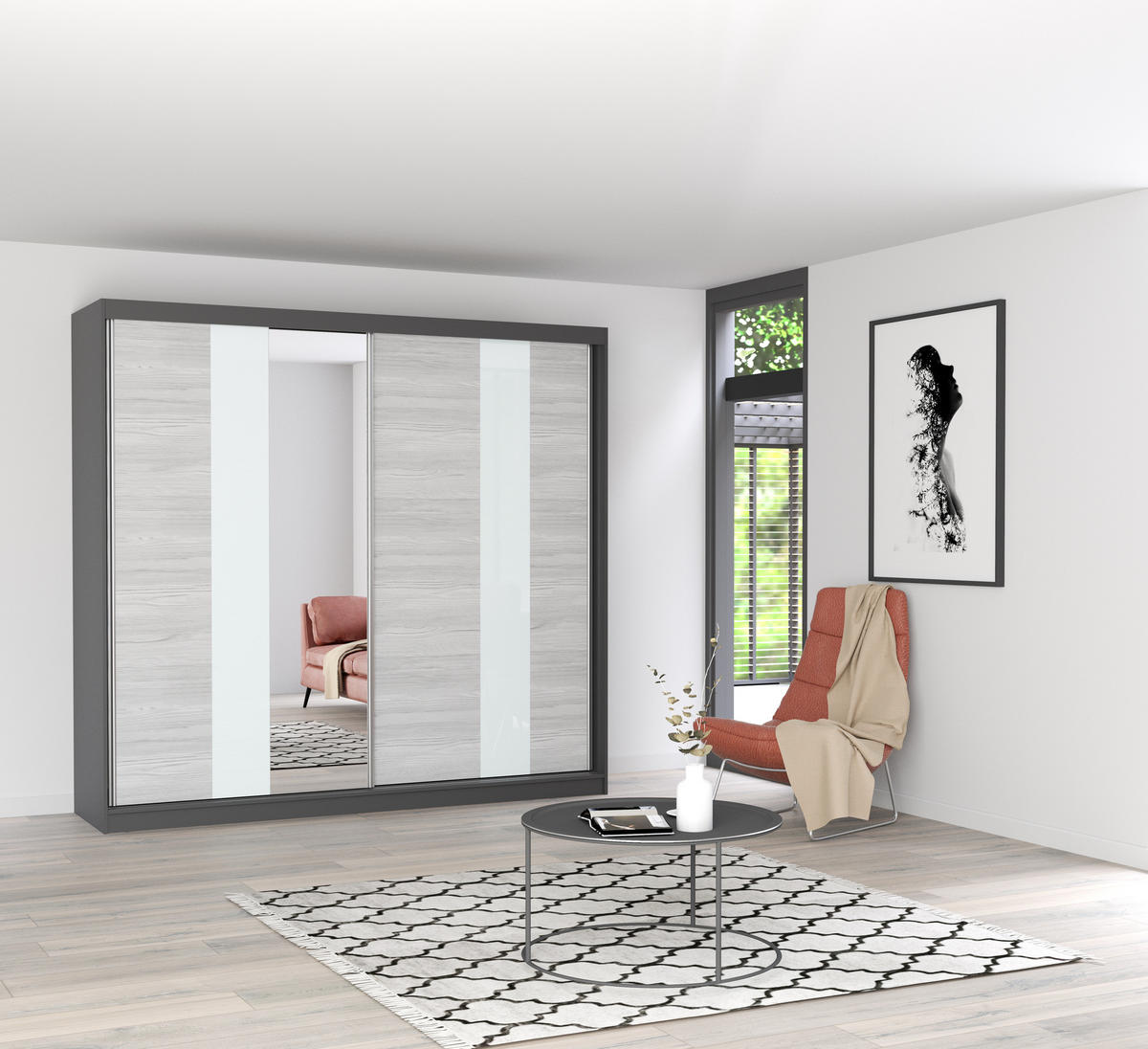 SCHWEBETÜRENSCHRANK MULTI 32 Grau/Kathult Weiß, ohne LED Beleuchtung 233 cm - Alufarben/Graphitfarben, Glas/Holzwerkstoff (233/218/61cm) - imoebel24