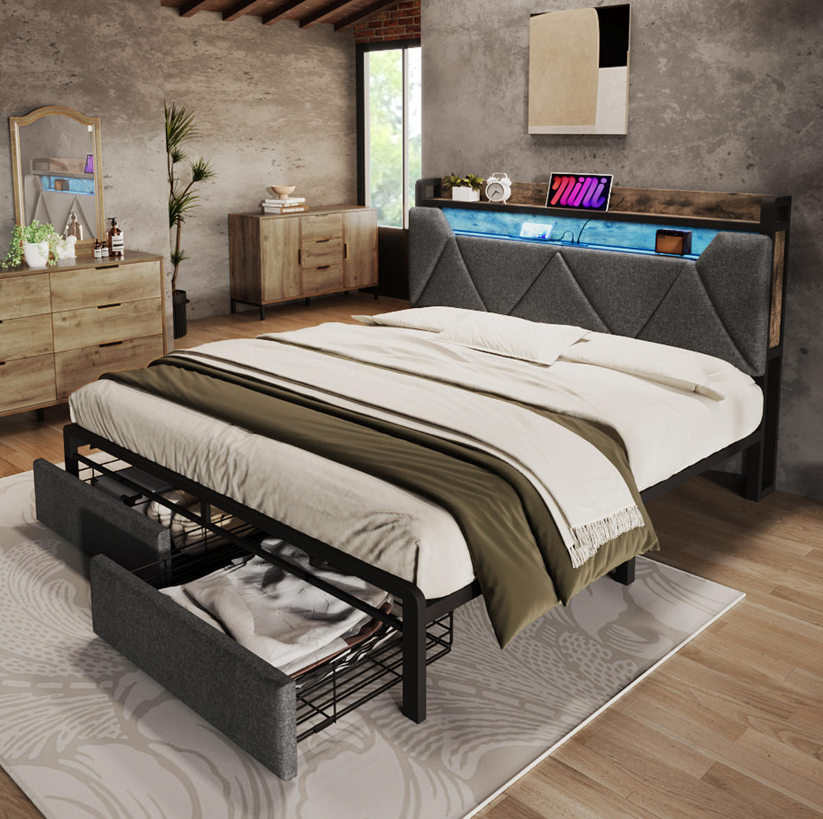 POLSTERBETT mit Matratze, USB, LED und Schubladen 160x200 cm Grau - Grau, Metall (160/200cm) - Meubliv