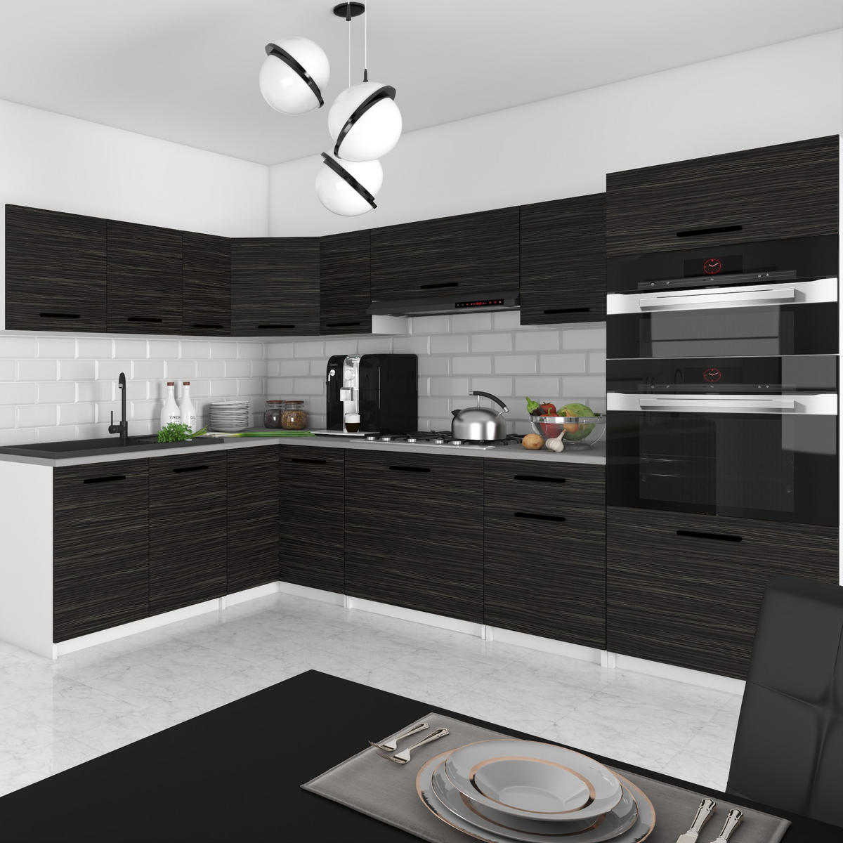 KÜCHENZEILE Italia 8 420 cm , mit Arbeitsplatten, Ebenholz - Schwarz, Holz (420/143/60cm) - B BELINI GROUP