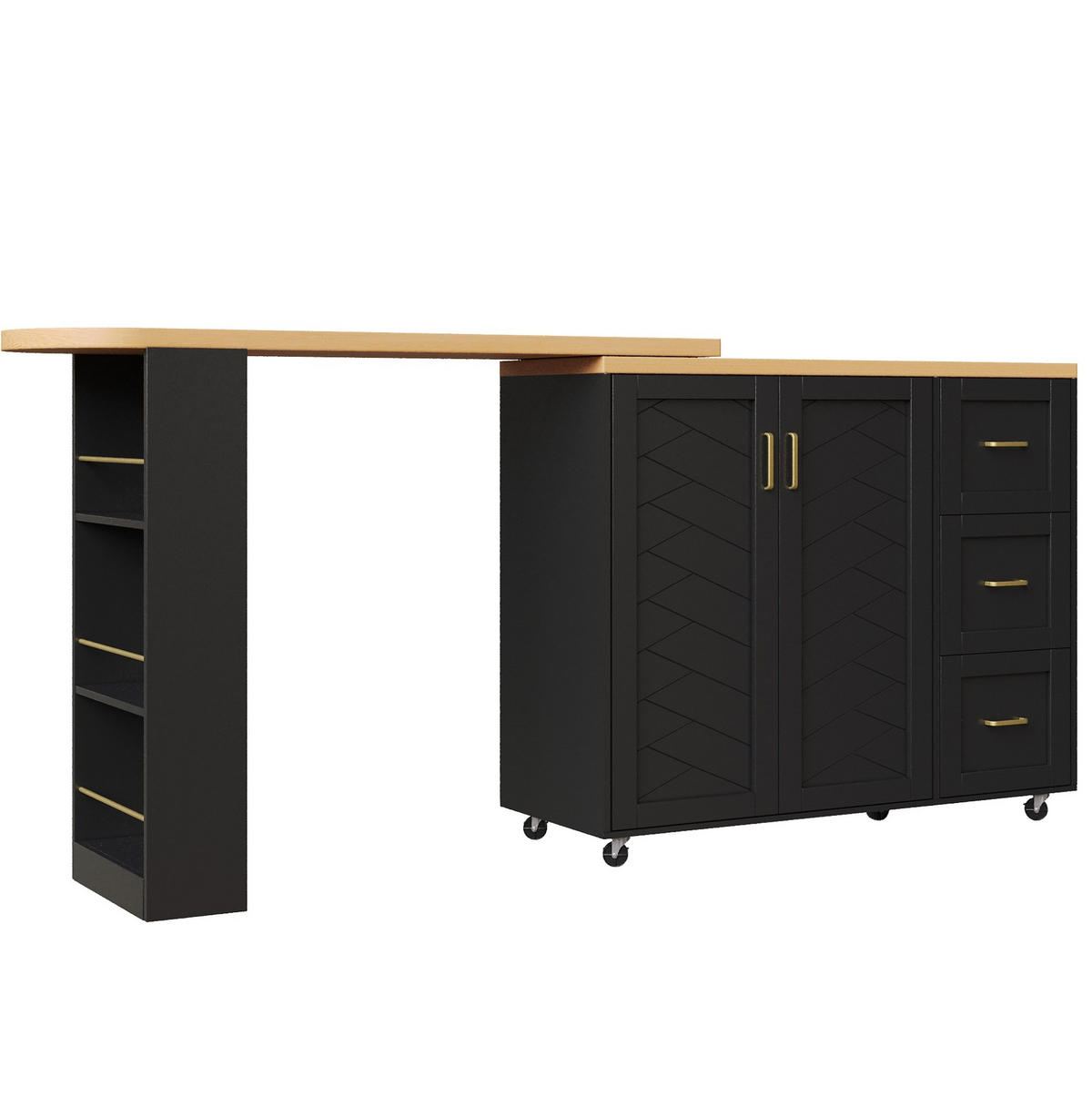 BARTISCH ausziehbar mit Stauraum & 5 Rollen, 135-228/39/104 cm, Schwarz - Schwarz, Holzwerkstoff (39/104/135cm) - Redom
