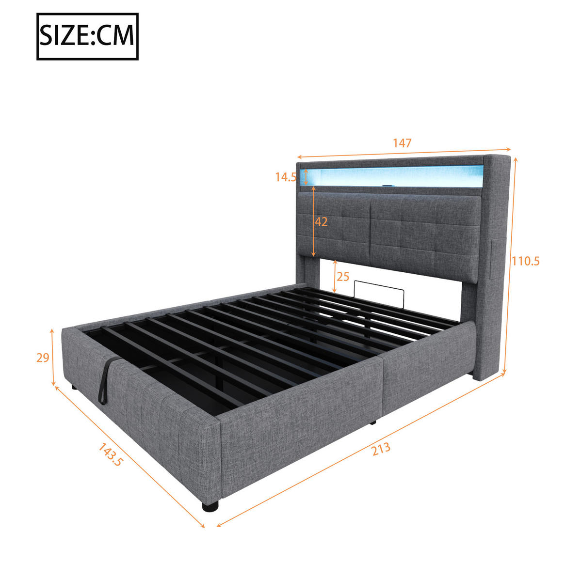 POLSTERBETT 140/200 cm aus Leinenstoff mit LED-Beleuchtung, USB-Anschluss, Stauraum und Kopfteil mit Ablagen, Grau - Grau, Textil (140/200cm) - Redom