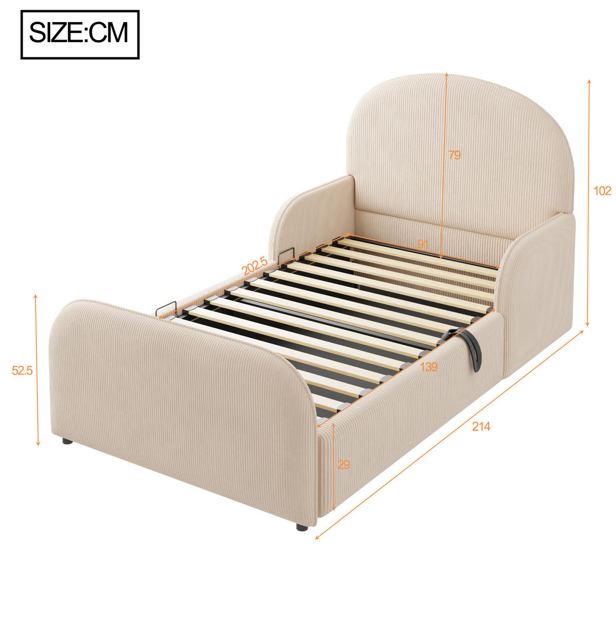 KINDER-POLSTERBETT 90/200 cm aus Samt mit hydraulischem Stauraum und Seitengittern Beige - Beige, Textil (90/200cm) - Modenvie