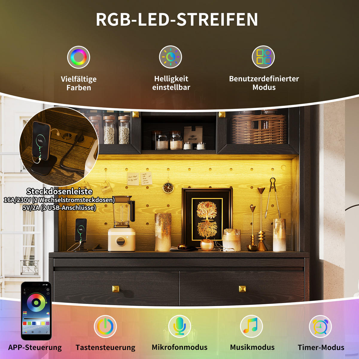 HIGHBOARD Schwarz 120×40×178 cm mit Acrylfront, RGB-LED, Lochwand und Weinflaschenhalter aus Holzwerkstoff und Acryl - Schwarz, Holzwerkstoff (120/178/40cm) - Luhomfu