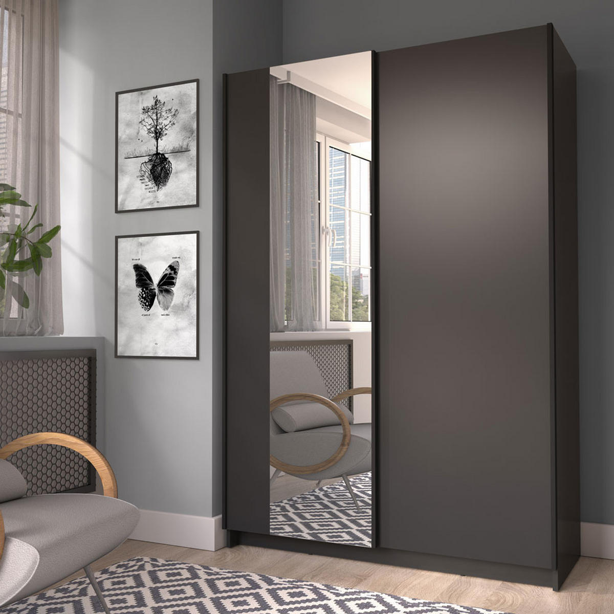 SCHWEBETÜRENSCHRANK Sofia schwarz 120 / 54 / 182cm - Schwarz, Holz/Holzwerkstoff (120/182/54cm) - Feldmann-Wohnen