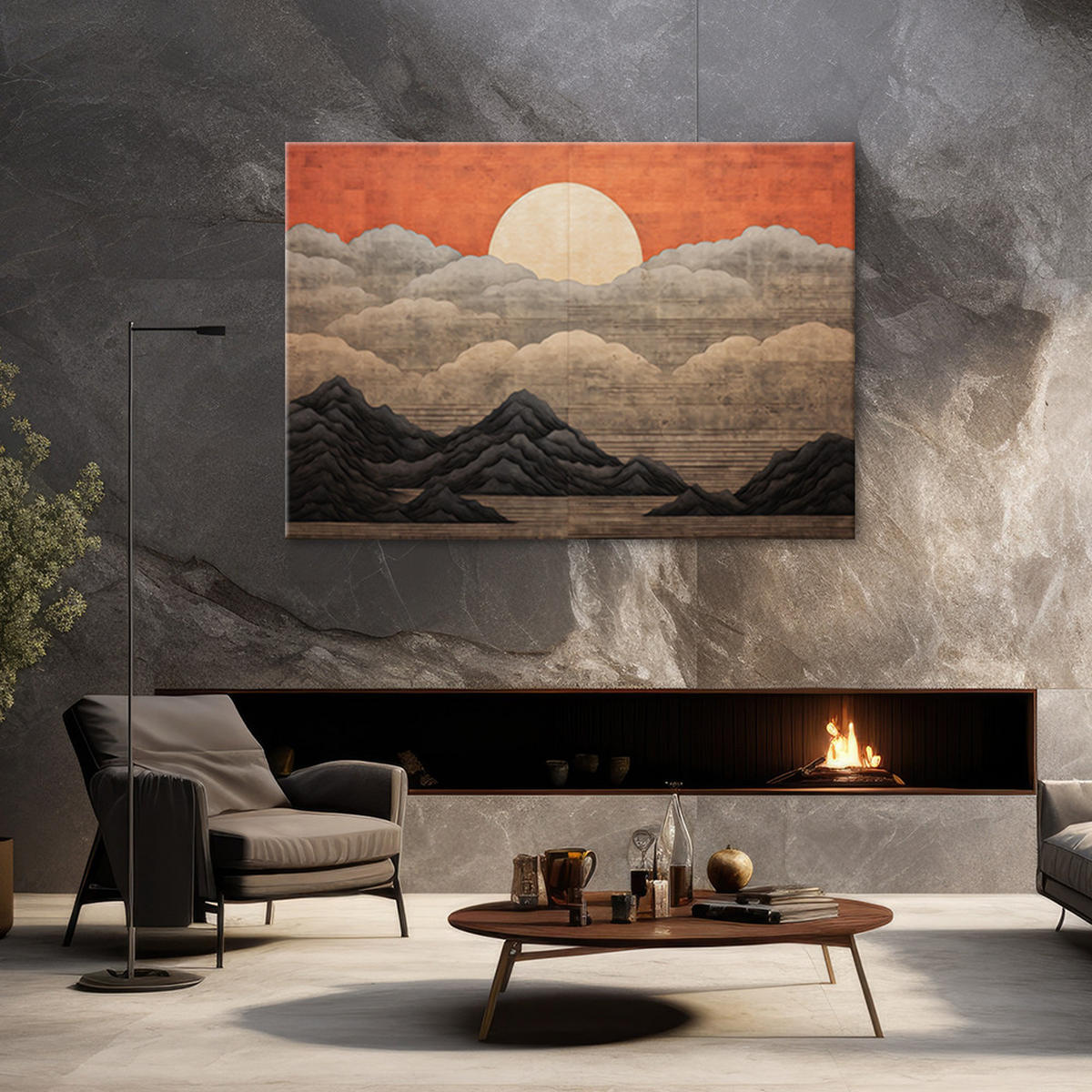 WANDBILD boho sonne wolken berge - Orange, Textil (60/40cm) - Feeby