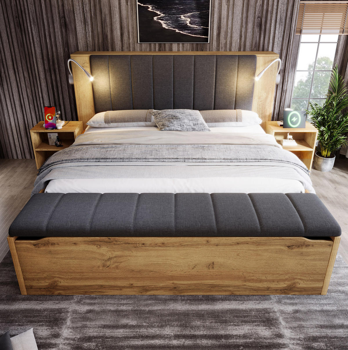 POLSTERBETT 160x200 cm in Eiche mit USB & Leselampen - Eichefarben, Holzwerkstoff (160/200cm) - Modfu