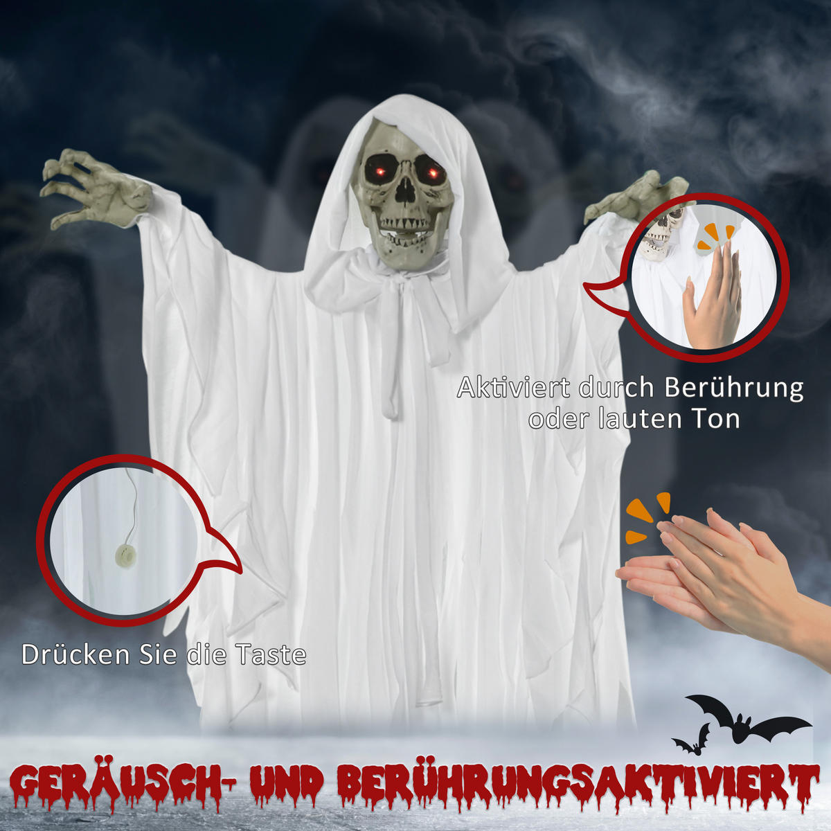 HALLOWEEN HORROR-CLOWN, Weiß, Polyester(100%), PE, PE-Schaumstoff, Eisen - Weiß, Kunststoff (19/153/91cm) - Outsunny