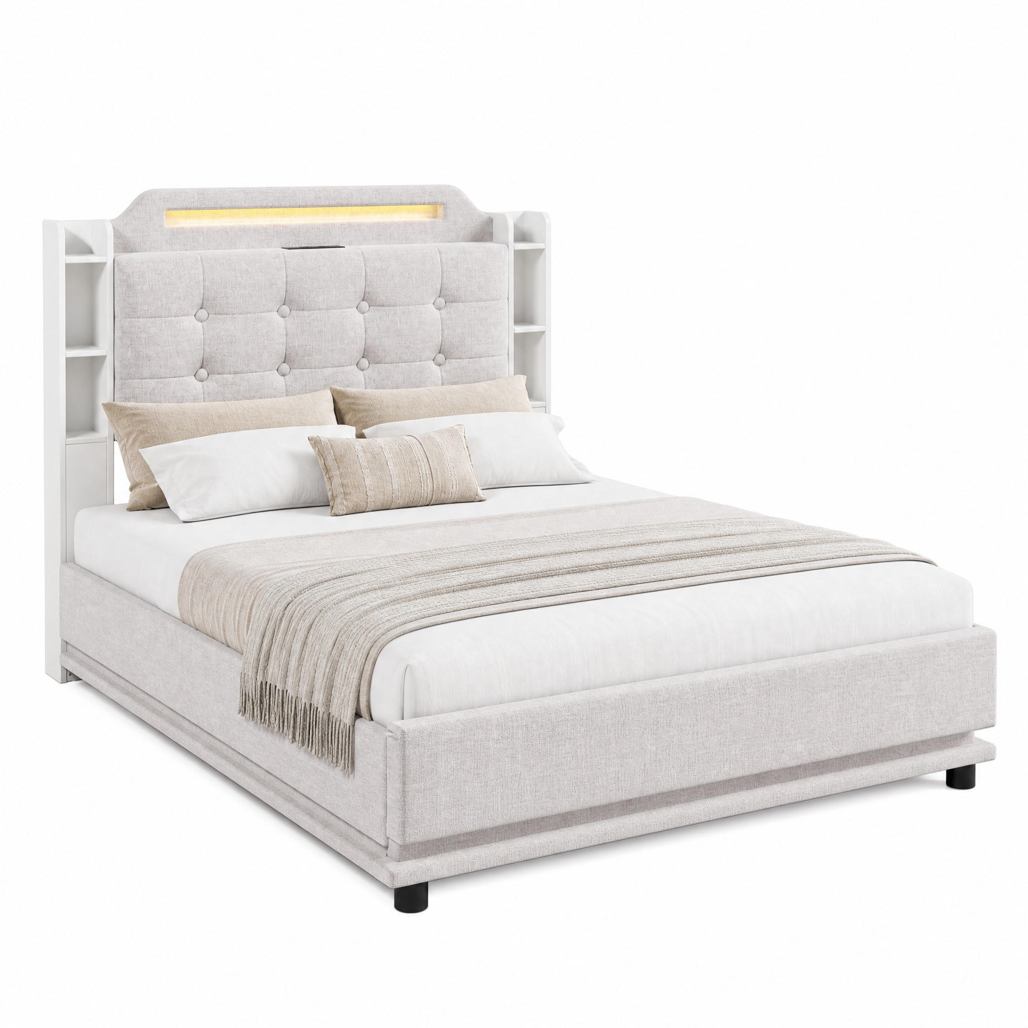 POLSTERBETT mit Bettkasten 140x200 cm Leinen Beige mit LED - Beige, Metall (140/200cm) - Meubliv