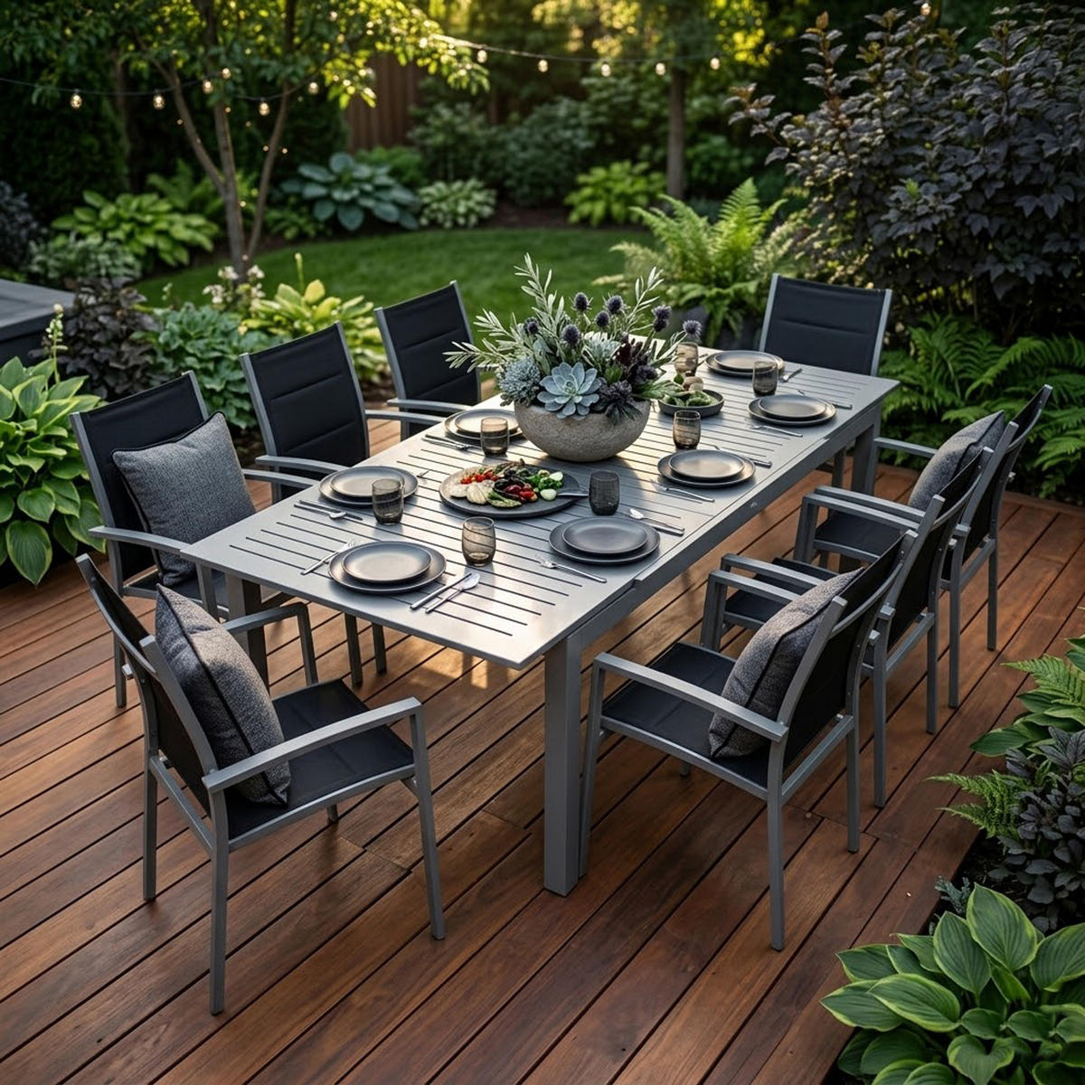 GARTEN-GARNITUR Ashford - 9-teilige Garten-Essgruppe (8x Stapelsessel mit Aluminiumgestell, Bespannung Textillehne schwarz, Ausziehtisch - Schwarz, Metall - TPFGarden