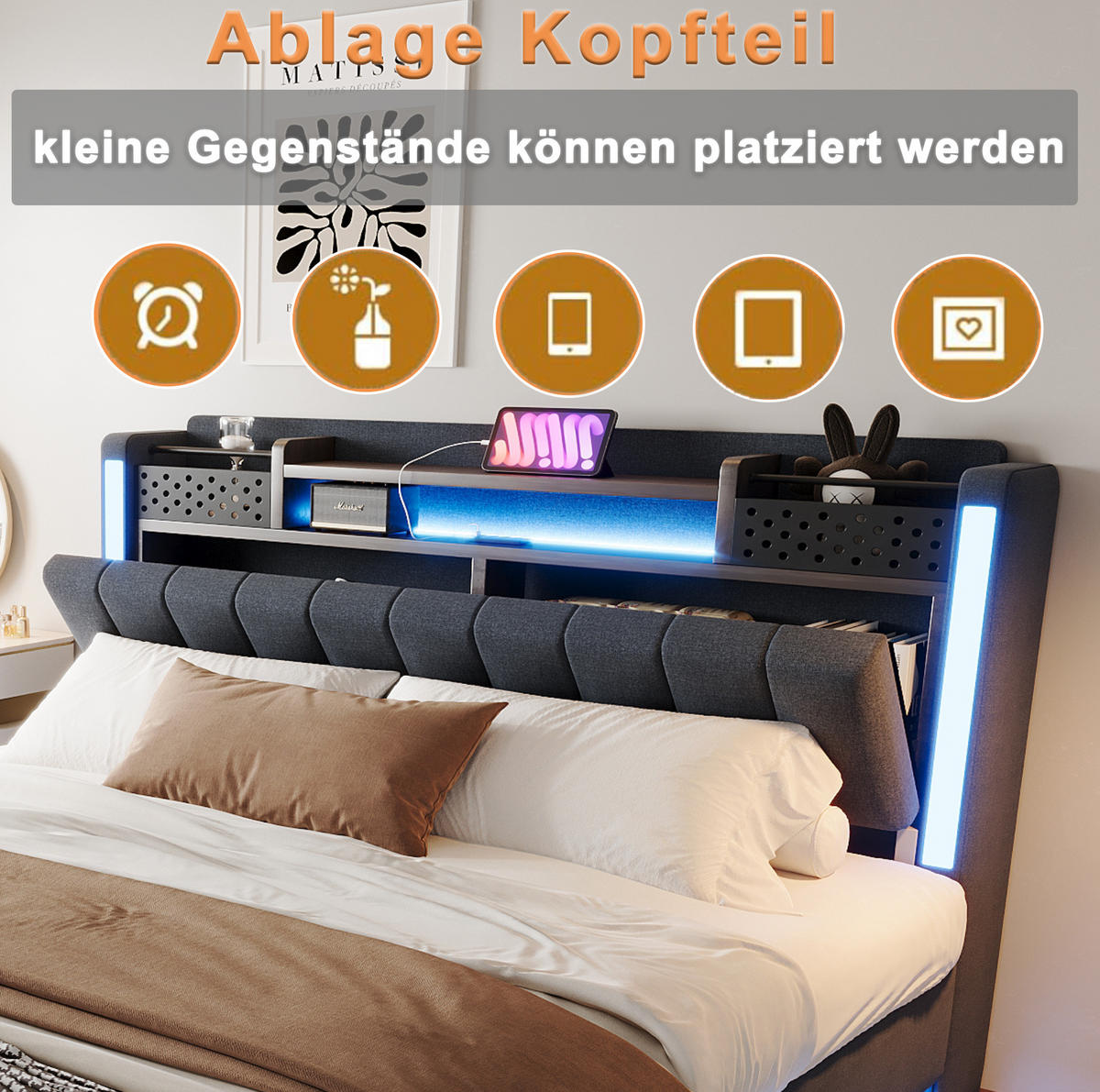 POLSTERBETT 160/200 cm Grau aus Leinenstoff mit LED und USB-Ladeanschluss - Grau, Textil (160/200cm) - OKMYHOME
