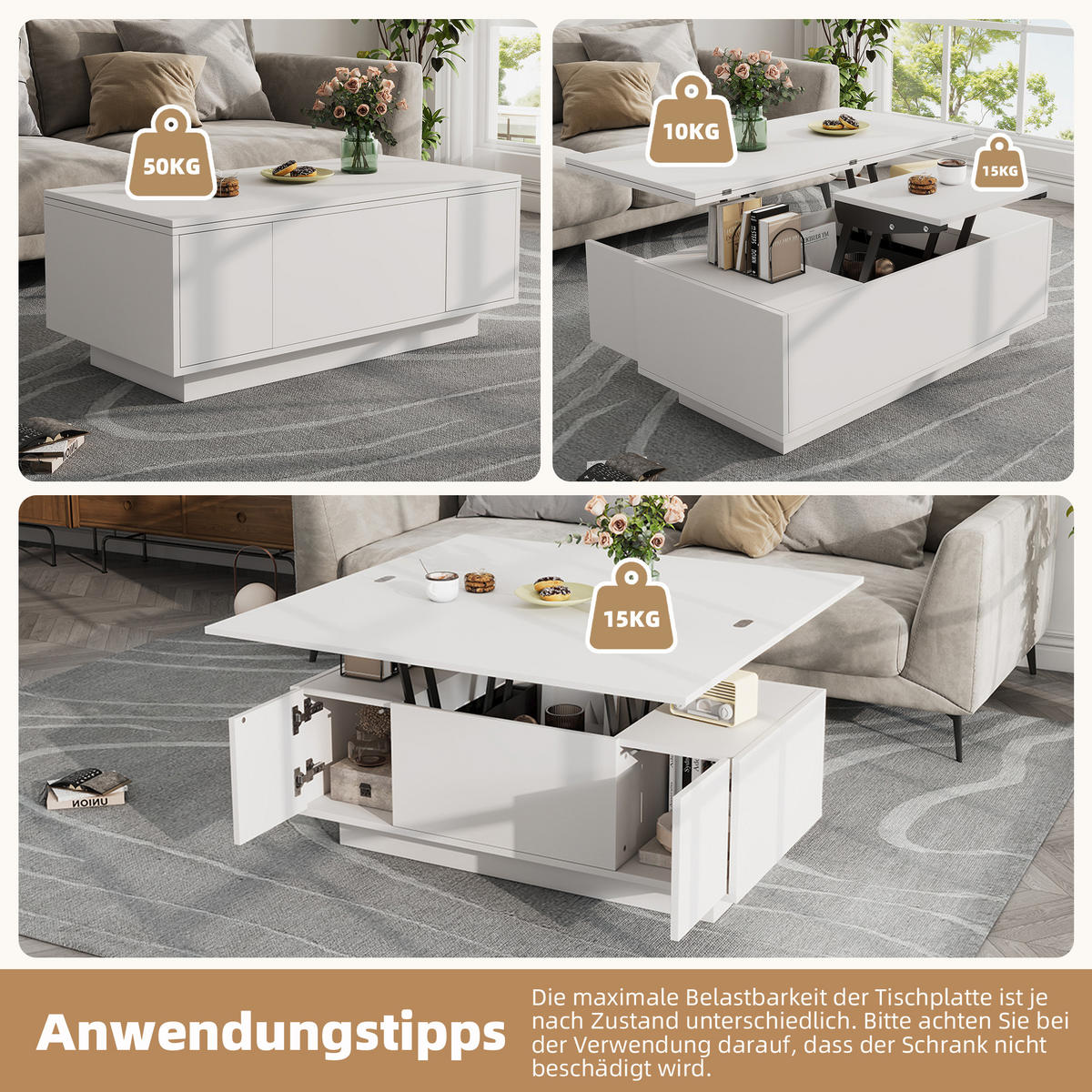 COUCHTISCH Wohnzimmertisch mit 2 Hebeplatten, Hubfunktion, Stauraum kompakt bis 50 kg MDF Weiß - Weiß, Holzwerkstoff (100/50/55.5cm) - EVRYAE