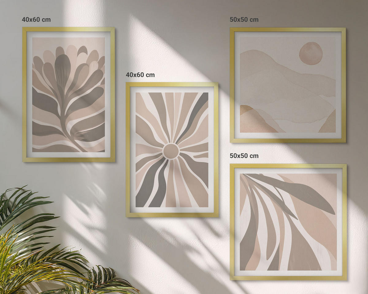 BILDER SET 4er Set - 50x50 cm & 40x60 cm Goldrahmen - Abstrakte Pflanzenmuster - Goldfarben, Kunststoff (50/50cm) - TULUP