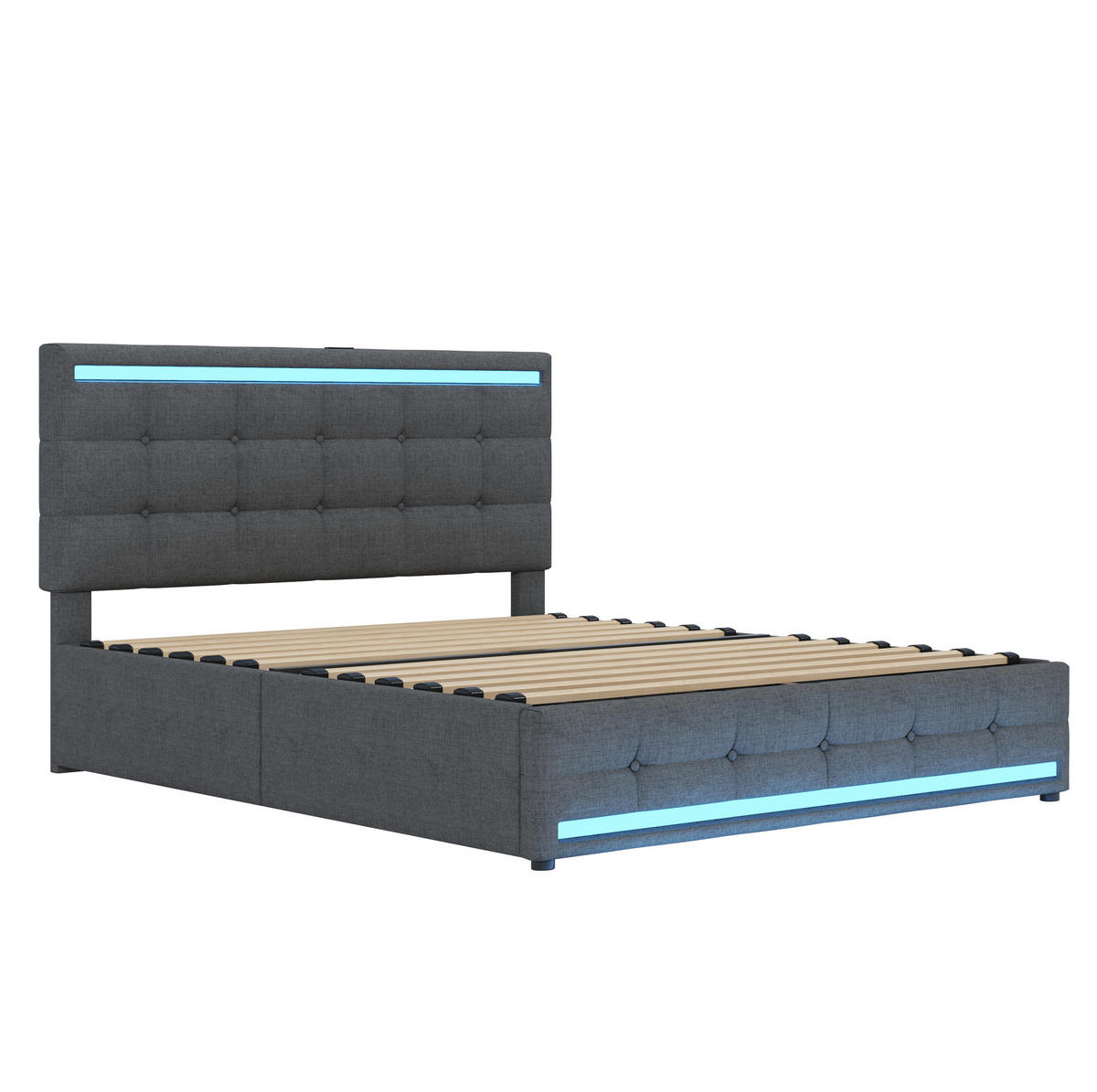 ČALOUNĚNÁ postel 140/200 cm šedá, čalouněná s LED osvětlením, USB a úložnými zásuvkami - šedá, textil (140/200cm) - BEAOK
