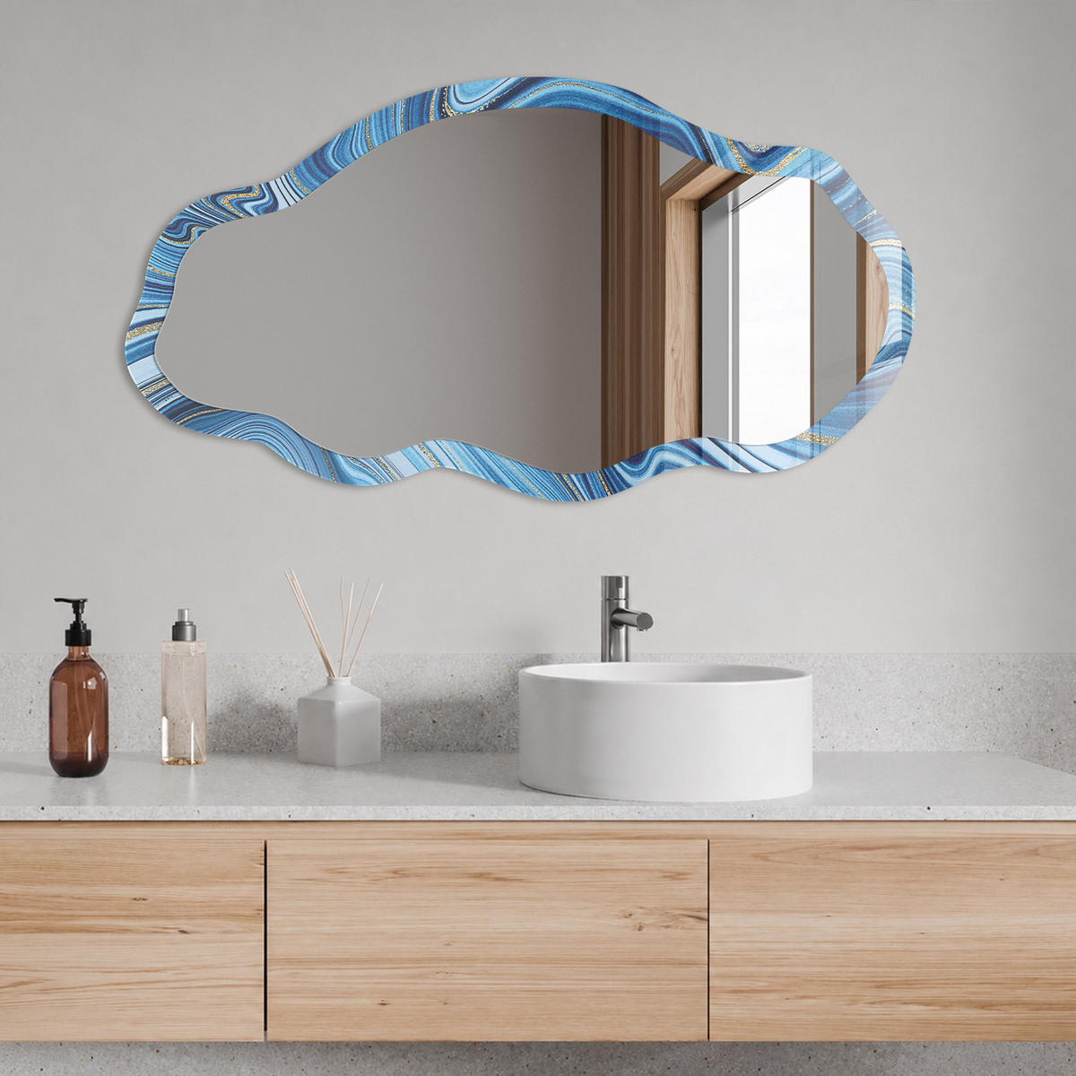 SPIEGEL 90x45 cm asymmetrisch mit Druck - Blauer Marmor - Transparent, Glas (45/90/0.4cm) - TULUP