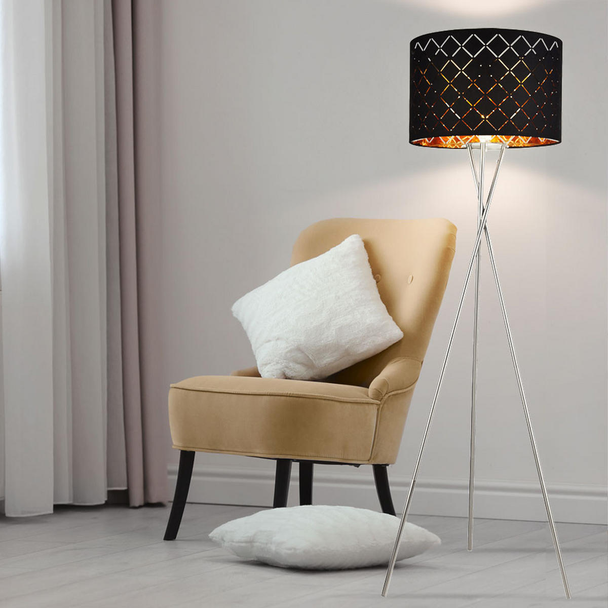 LED STEHLEUCHTE Metall Textil Schwarz Gold - Schwarz, Metall (62/62/160cm) - Globo Lighting
