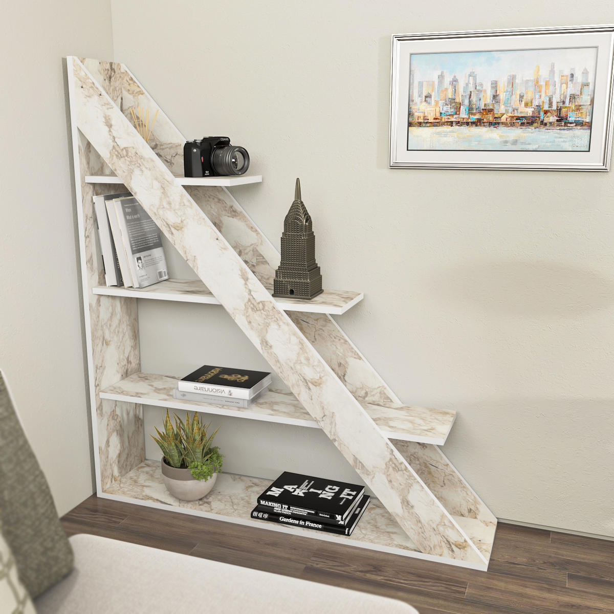 BÜCHERREGAL Pisagor Weiss Marmor - Weiß, Holzwerkstoff (25/60/120cm) - Decorotika