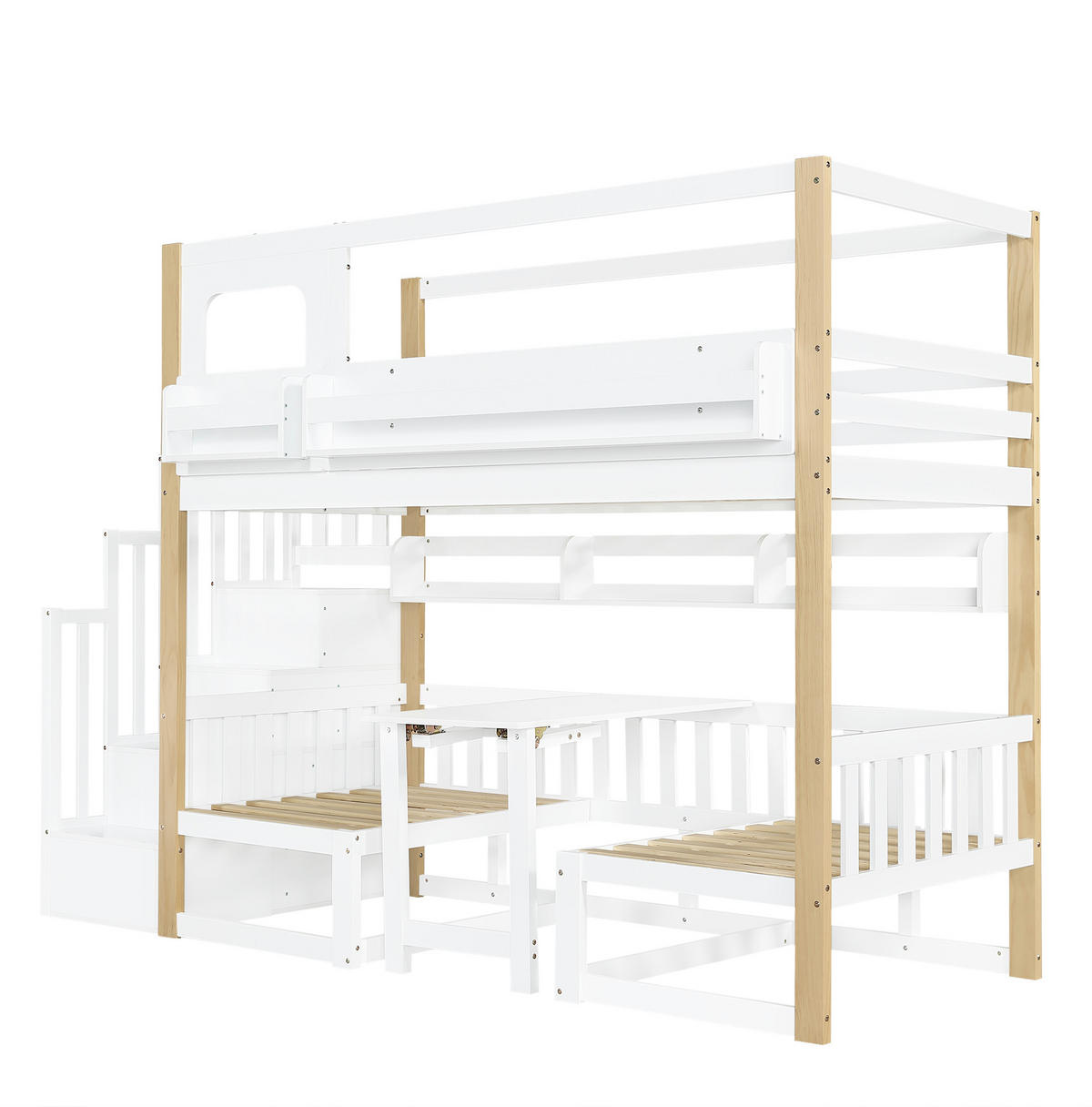 ETAGENBETT 90/200 cm, Weiß/Natur mit klappbarer Tischplatte und Stauraumtreppe - Weiß, Holz (90/200cm) - MIVRAY