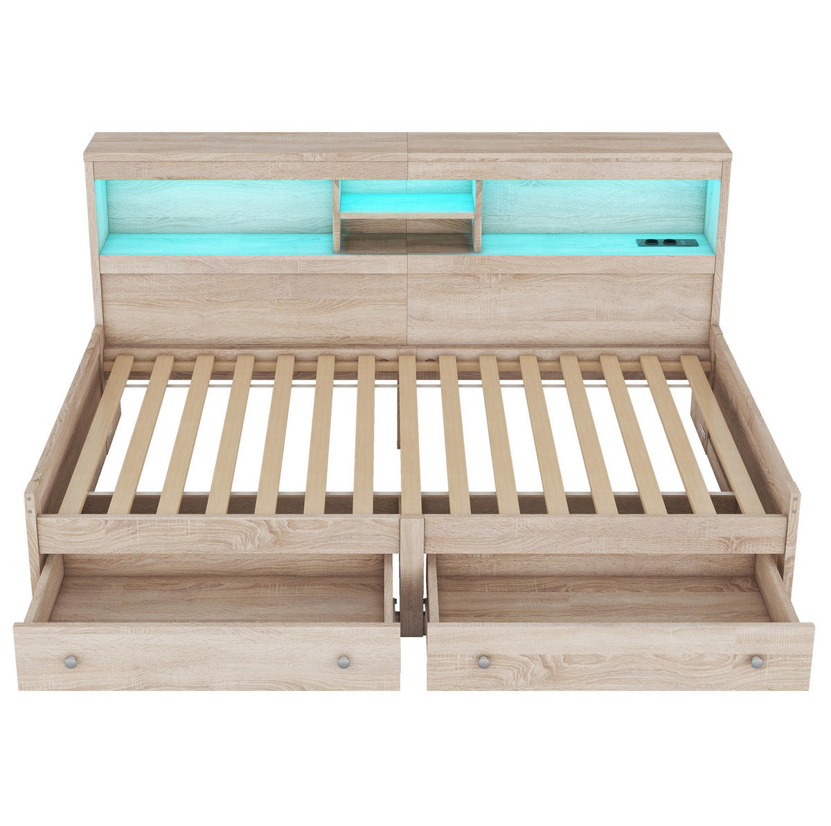 KINDERBETT 90/200 cm in Natur mit USB-Anschlüssen, LED-Licht und 2 Schubladen - Naturfarben, Holzwerkstoff (90/200cm) - BEAOK