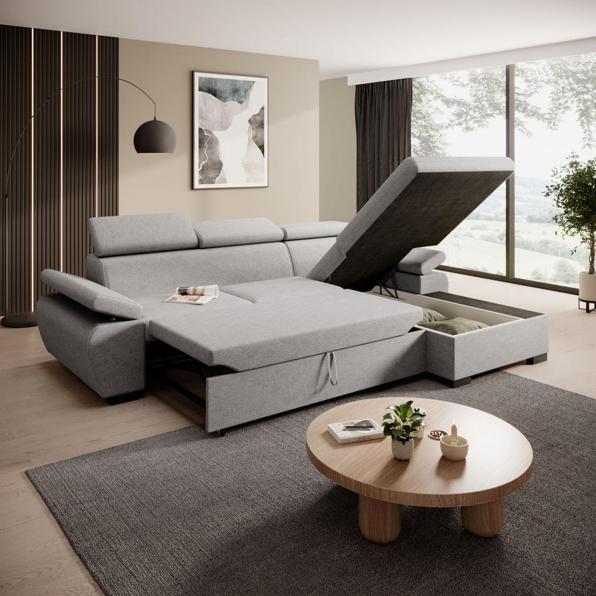 ECKSCHLAFSOFA Coco mit verstellbare Kopfstützen, hellgrau, rechts - Hellgrau, Textil (273/191cm) - Beautysofa